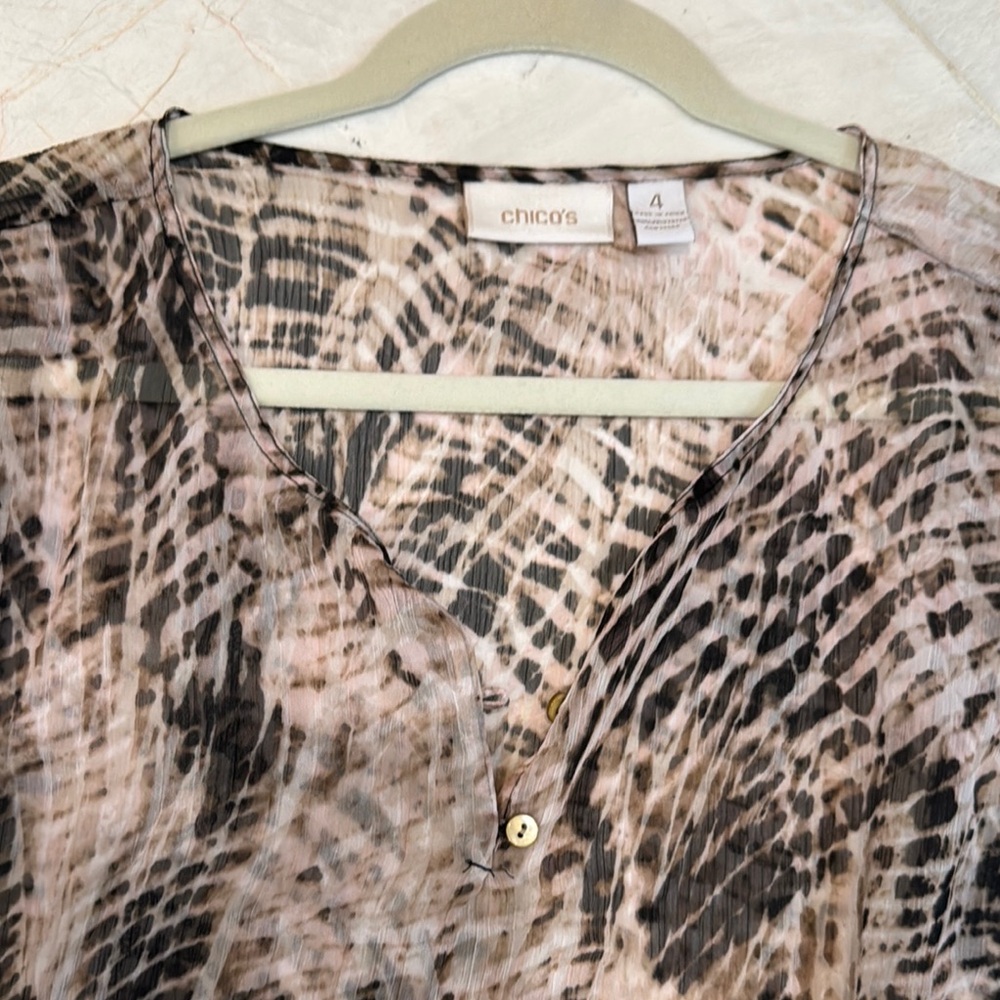 Chico's Sheer beige and Brown Buttoned Blouse with 3/4 Sleeves